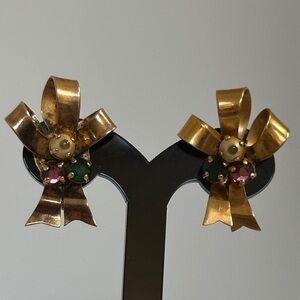 Vintage sterling Gold Bow Earrings with Gem Accents